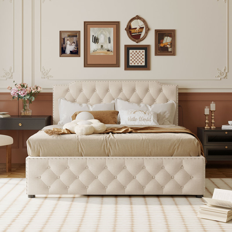 Achicam Upholstered Platform Bed, Beige