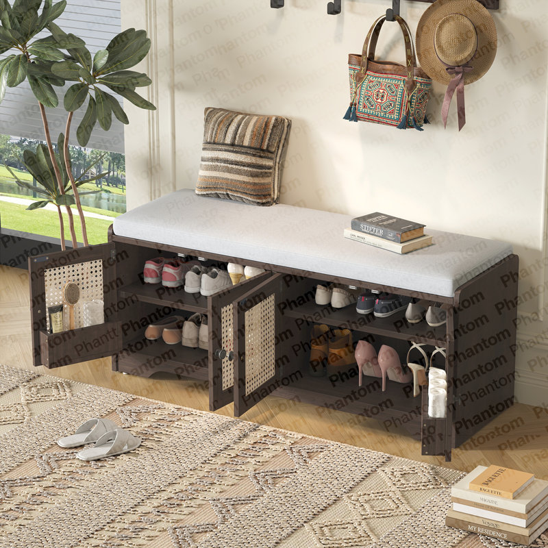 Banc de rangement rustique en bois avec banc amovible pour chaussures avec coussin amovible, portes en rotin tissé et tablettes réglables pour le couloir, le salon (espresso et beige)