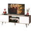 Meuble télé Boho pour téléviseur de 55 à 60 po, meuble audio-vidéo blanc avec armoires de rangement Greige, console de télévision moderne pour le salon