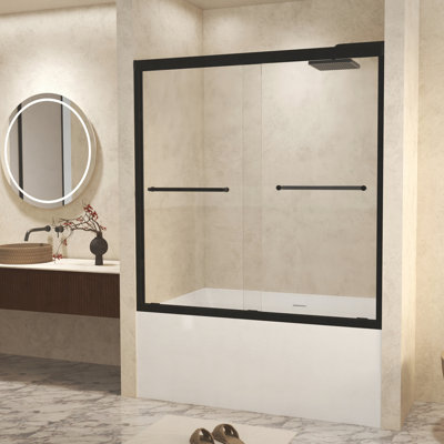 56-60" W × 60" H Tempered Glass with Explosion Proof Film, Aluminum Frame Double Sliding Shower Door, "1/4 (6 mm), Stainless Steel handle