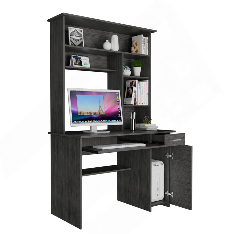Bureau avec huche, tablettes multiples, plateau à clavier rétractable, panneau de porte pour unité centrale, tiroir, chêne gris
