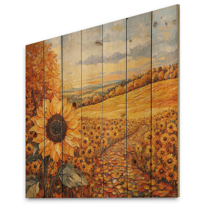 Country Side Sunflowers In Fall I - Sunflowers Wood Wall Decor - On Natural Pine Wood, 15" H x 15" W x 0.78" D