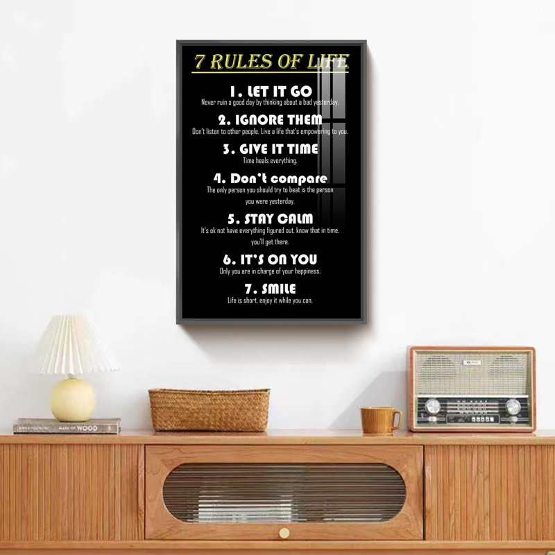 «7 Rules of Life», art textuel sur toile, H 24 po x l 16 po x P 1,3 po, Impression noire sur toile encadrée