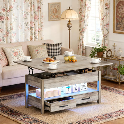 Table basse à plateau relevable moderne avec tiroirs et compartiments cachés pour le salon, gris