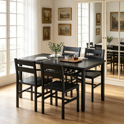 Ensemble de table de salle à manger et de chaises de style campagne moderne 5 pièces, petite table de cuisine rectangulaire avec 4 chaises et support de rangement, plateau de particules et ensemble de coin repas en métal pour 4, ensemble de tables de bar peu encombrantes