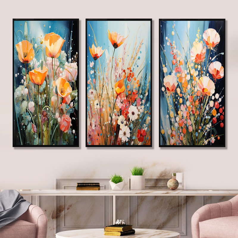 «Garden Delights Wild Expression Blooms - Plants», ensemble de 3 reproductions d'art mural, Cadre flottant noir
