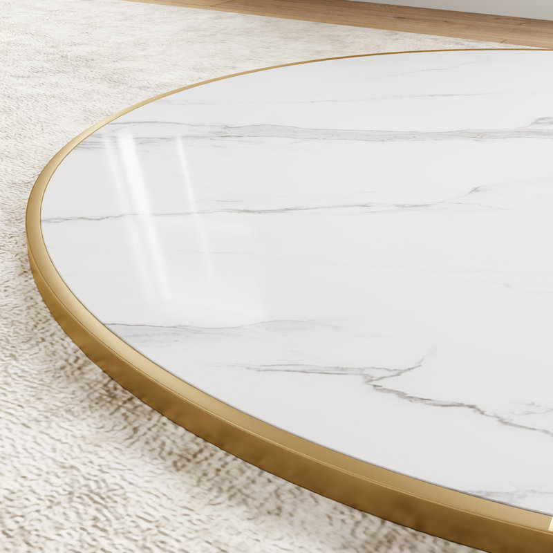 Plateau de table en pierre frittée avec bordure dorée 47 po / 53 po / 59 po, H 47 po x L 47 po, Blanc lustré