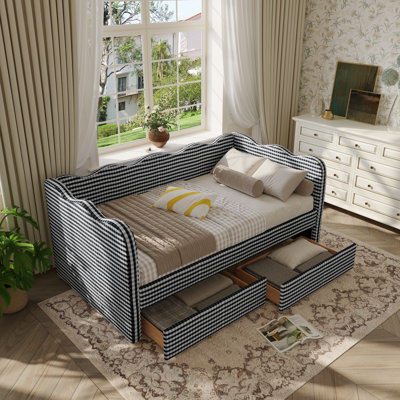 Gingham Daybed With 2 Storage Drawers And Usb Port, Wave-shaped Design