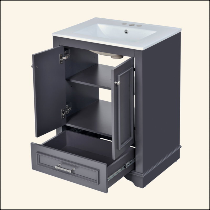 Meuble-lavabo 24 po avec lavabo en céramique, armoire de rangement autoportante moderne avec poignées argentées, portes à fermeture douce