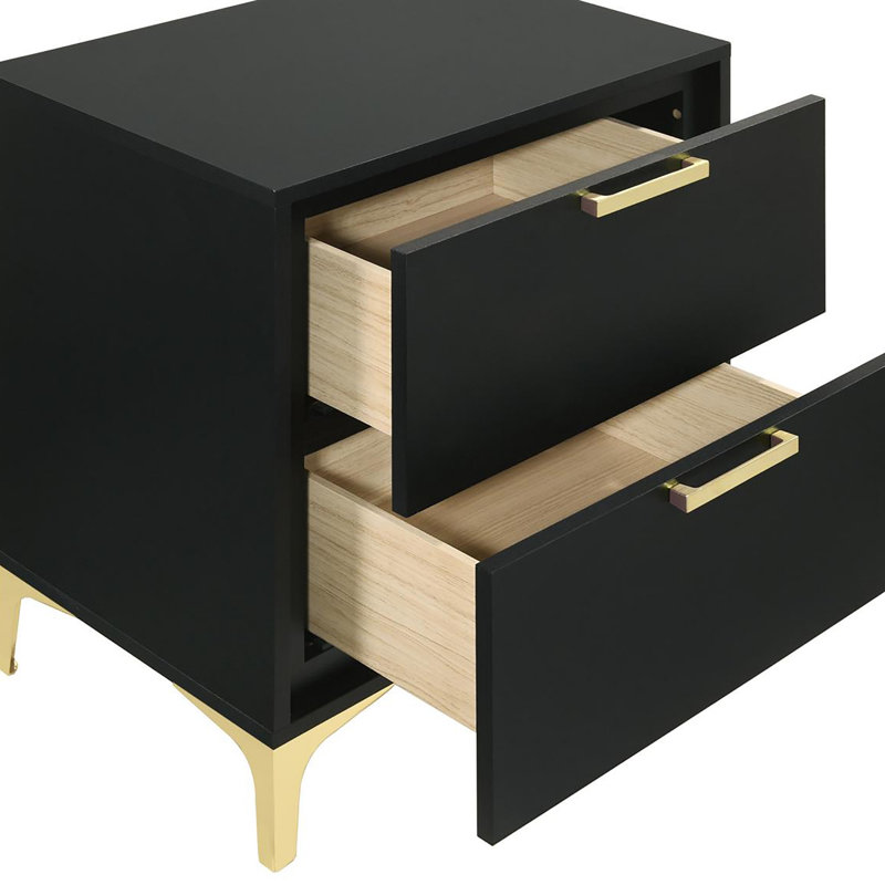 Black And Gold 2-Drawer Rectangular Nightstand, Black