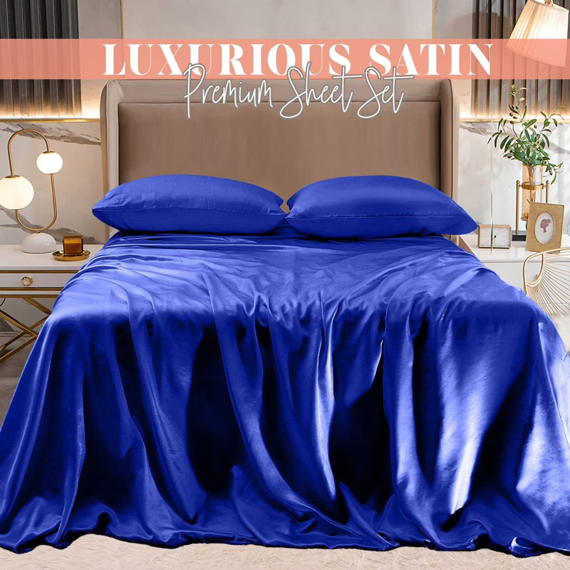 Elegant Comfort Luxurious 4-Piece Silky Satin Sheet Set, Skin And Hair Friendly, Wrinkle, Fade, Stain Resistant With Deep Pockets Fitted Sheet, Cooling Soft Satin Sheet Set
