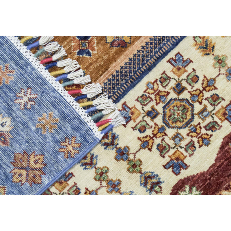 Tapis brun, bleu sarcelle et vert noué à la main de haute qualité