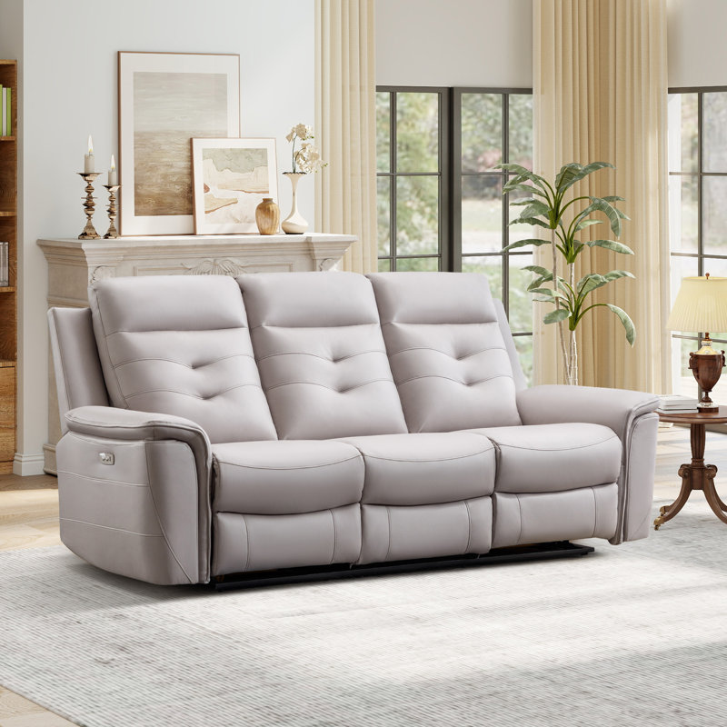 Joniah 84.65''Wide Modern Top Faux Leather Pillow Top Backrest Sofa with USB（set of 2）, Light Gray