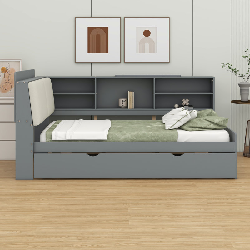 Full Size Wooden Storage Daybed Frame, Modern Platform Bed With Trundle & Flip Headboard & Shelves,Full Floor-Bed W/Upholstered Headboard&Storage, No Box Spring Needed