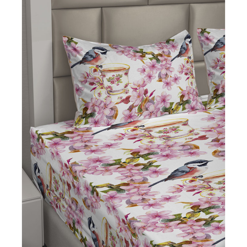 Ambesonne Watercolor Botany Sheet Set 4 Pcs Retro Boho Bloom, Twin Sheet Set with 1 Pillowcase, Off White Pale Pink Floral