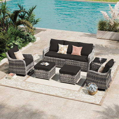  Ensemble de meubles de patio avec chaises berçantes pivotantes, ensemble de conversation de patio 6 pièces, canapé d'extérieur en osier avec coussins imperméables pour porche de jardin (noir)
