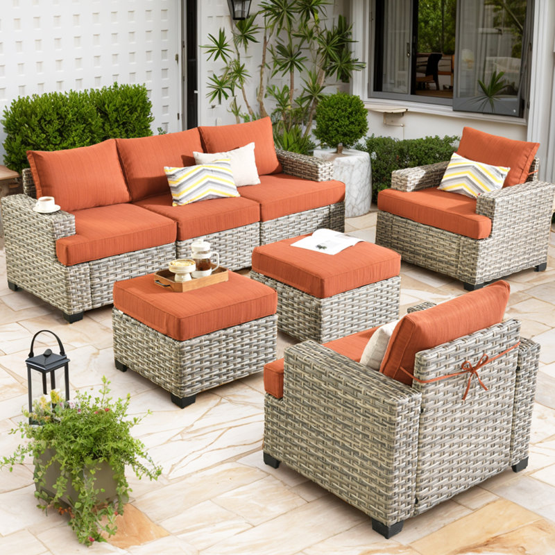 7 - Person Patio Furniture Set with Chairs, Outdoor Wicker Rattan Sectional Seating Group with Cushions, All Weather Sofa Conversation Set with Ottomans for Garden Backyard