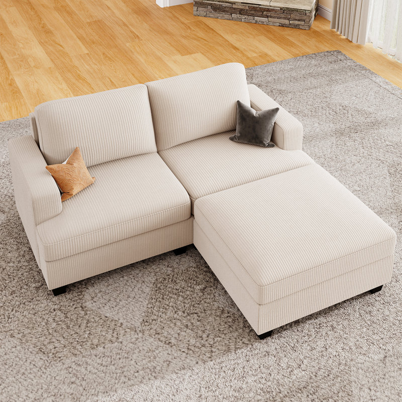 L-shaped Corduroy Sectional With Storage Ottoman, Beige Corduroy
