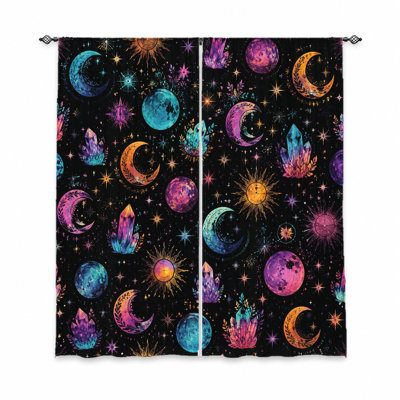 2Pcs rideaux à imprimé lune céleste et soleil, filtrage de la lumière, motif cosmique vibrant, protection de l'intimité bloquant le soleil, conception à passe-tringle, convenant au salon, à la chambre à coucher, à l'adolescence et à la décoration bohémienne
