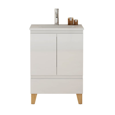 Ensemble de meuble-lavabo moderne 24 po avec lavabo, meuble-lavabo avec 2 portes et 1 tiroir, système anti-égratignures, conception sans poignée, pieds en bois massif naturel, lavabo en céramique, assemblage facile, blanc brillant