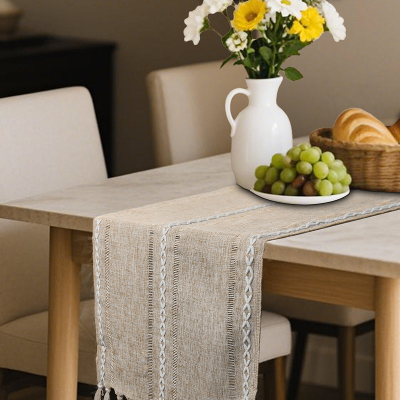 Chemin de table rayé en coton mélangé avec broderies ajourées, Taupe, Rectangle 94 po