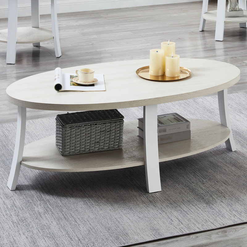 Table basse ovale en bois blanche avec tablette stable et élégante, Blanc