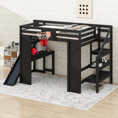 Lit mezzanine en bois pleine grandeur avec glissade et panier de basketball, lit de jeu haut avec escalier et bureau