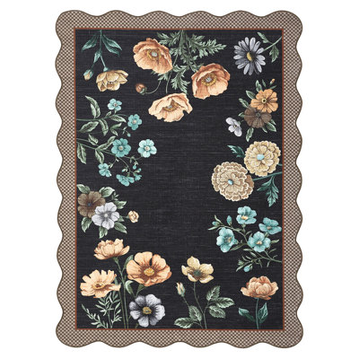 Farmhouse Floral Machine Washable Rug with Non Slip TPR Backing, Soft Non Shedding Scalloped Carpet, Low Pile Thin Floor Mats