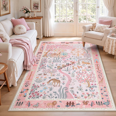 Washable Zoo Floral Area Rug, Soft Cute Nursery Kids Room Rug, Non-Slip Low Pile Indoor Animal Print Carpet Rugs