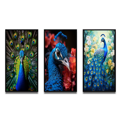 «Teal Radiant Peacock», 3 pièces sur toile