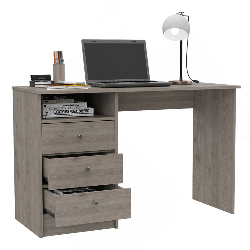 Bureau d'ordinateur avec 1 tablette de rangement ouverte, 3 tiroirs, gris clair