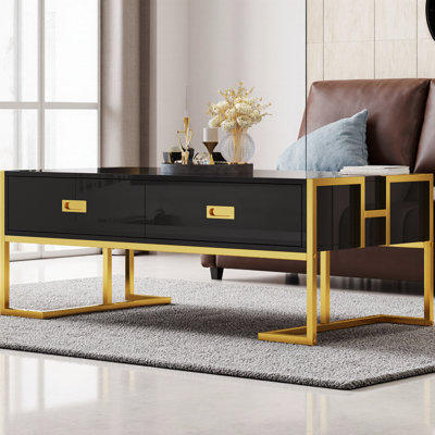 Modern Rectangular Coffee Table with 4 Drawers and Gold Metal Base, 47.3" Large Surface MDF Top, Storage Organization for Living Room, Contemporary Luxury Design