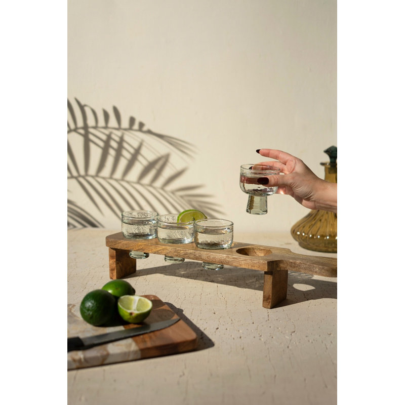  Tequila Flight Tasting Set – Four Glasses with Wood Base – 5"Tall