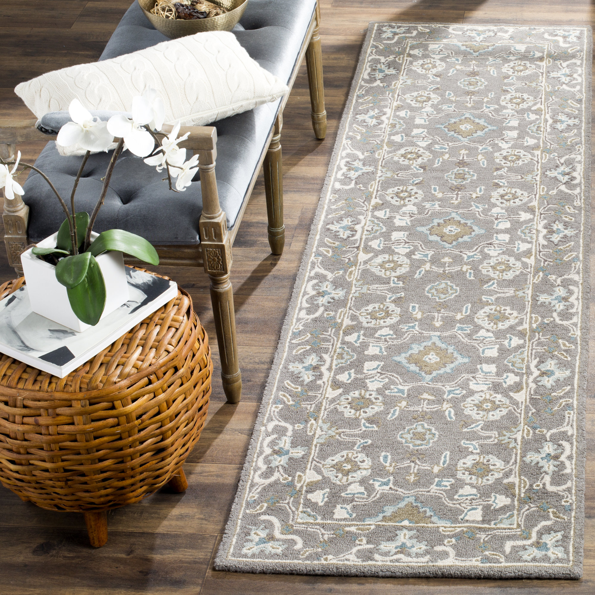 Tansy Handmade Wool Gray/Beige/Blue Rug, Runner 2'3" x 16'