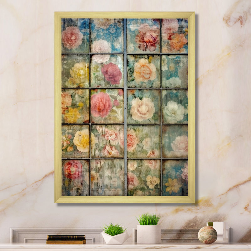 Élégant collage rétro de roses en fleurs, H 44 po x l 34 po x P 1,5 po, Cadre doré à une seule photo