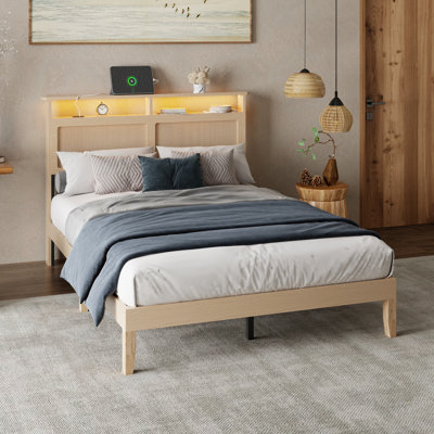 Platform Bed Frame with Rattan LED Headboard, Storage, Charging Station & Under Bed Storage, Natural Solid Wood, No Box Spring Needed