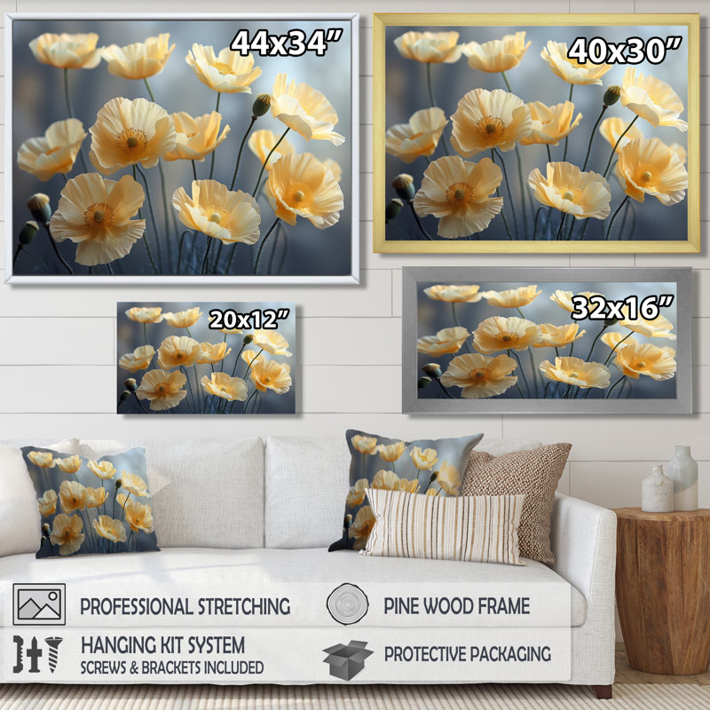 Jaune, gris, coquelicots, magie, merveille I - coquelicots, art mural, Toile argentée avec cadre flottant