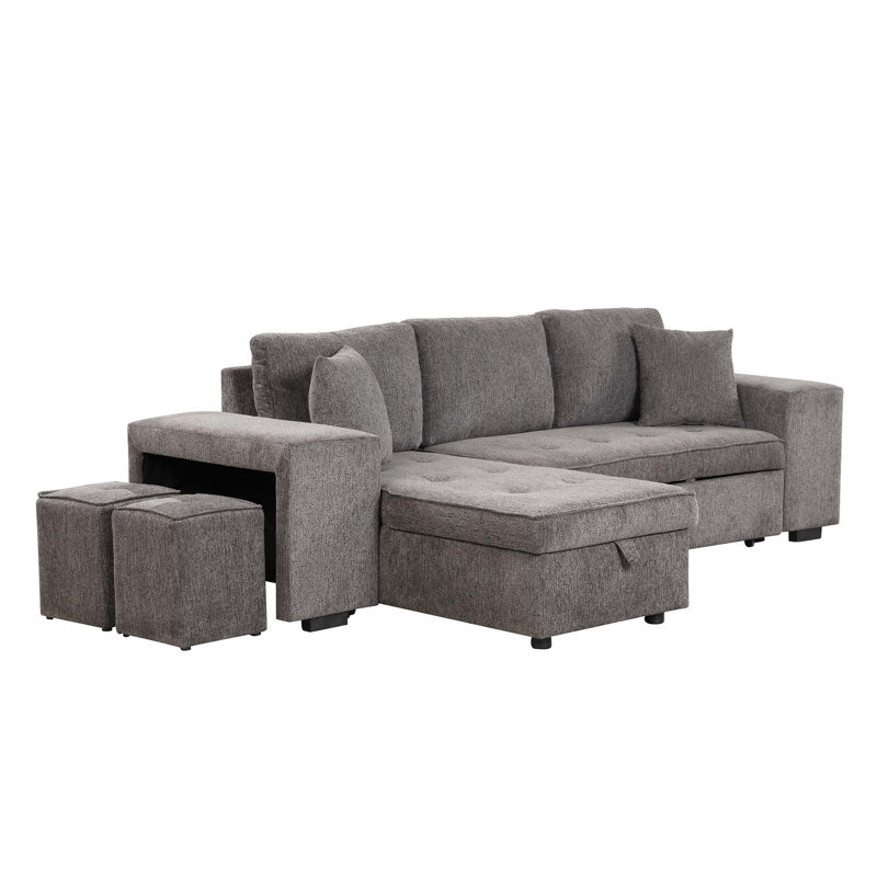Ensemble de canapé modulaire réversible en L 104,5 po à 3 places, canapé-lit escamotable avec méridienne de rangement et 2 tabourets de salon