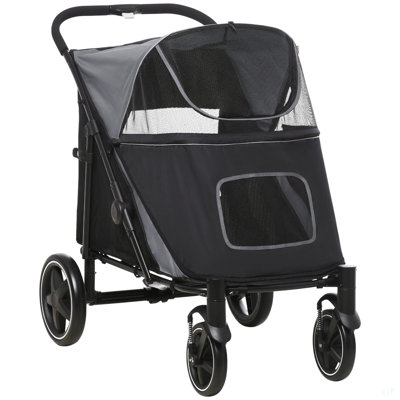 Pawhut One-Click Foldable Doggy Stroller For Medium Large Dogs, Pet Stroller With Storage, Smooth Ride With Shock Absorption, Mesh Window, Safety Leash, Big Dog Walking Stroller, Gray