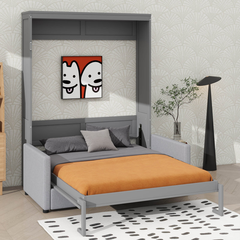 Grand lit escamotable mural avec coussin, Gris, Grand lit