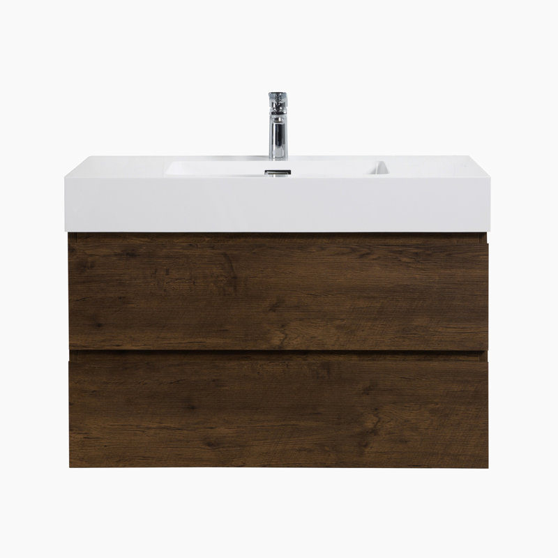 Meuble-lavabo simple 35,8 po avec plateau Atqiya, Noyer, Blanc