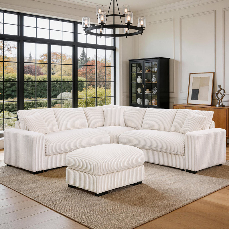 Canapé modulaire en L 98 po avec repose-pieds Corduroy, Velours côtelé beige