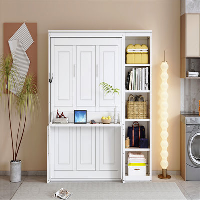 Full Size Murphy Bed With Desk And Bookshelf, White
