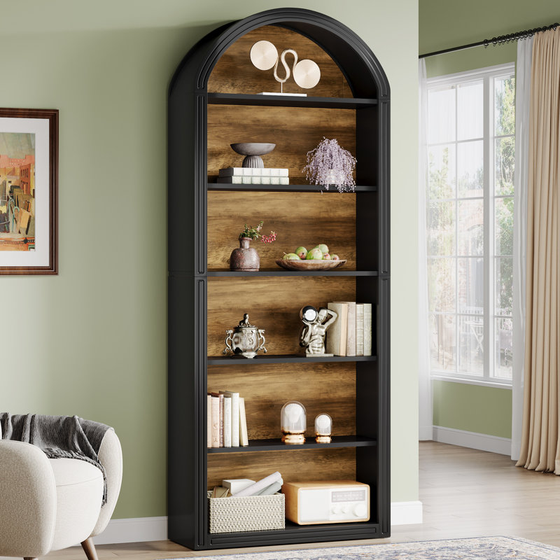 Tall Arched Bookcase, Black, 6 Shelves  (77.16" H x 31.5" W x 11.81" D)