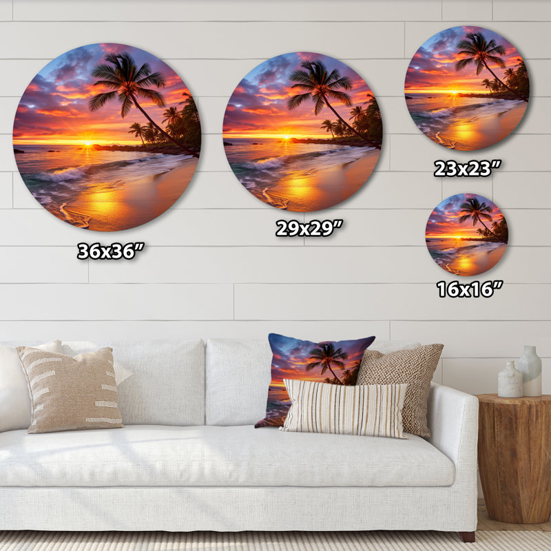 Photo de plage, coucher de soleil, sérénade, art côtier rond en métal, H 16 po x l 16 po