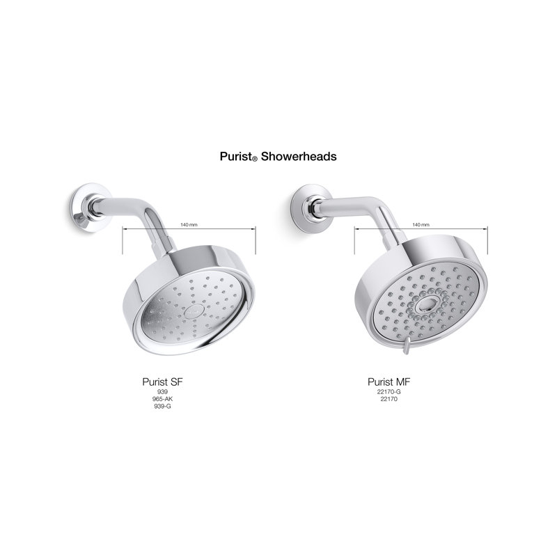 Kohler Purist 2.5 Gpm Multifunction Wall Mount Showerhead, Three Spray Settings, 5.5" High Pressure Spray Head, 1.75 Gpm