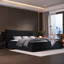 Lit tapissier noir grand format avec tête de lit en velours unique, structure en pin massif et en métal, 24 lattes larges pour tête de lit plateforme stable, support en bois, chargement épais