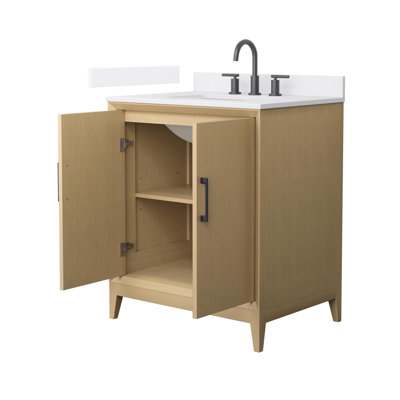 Meuble-lavabo simple 30 po Janna en chêne blanc, comptoir en marbre de culture blanc, lavabo carré encastré (3 trous), garniture noir mat