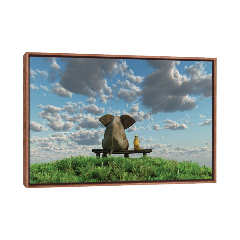 Éléphant et chien assis sur un pré - reproduction d'art, H 26 po x l 40 po x 1,5 po, Toile avec cadre en bois classique