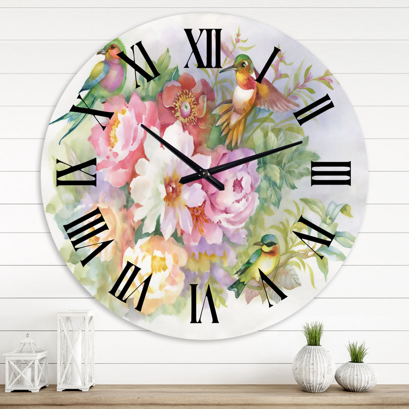 Horloge murale traditionnelle avec fleurs vibrantes et oiseaux colorés, Moyenne